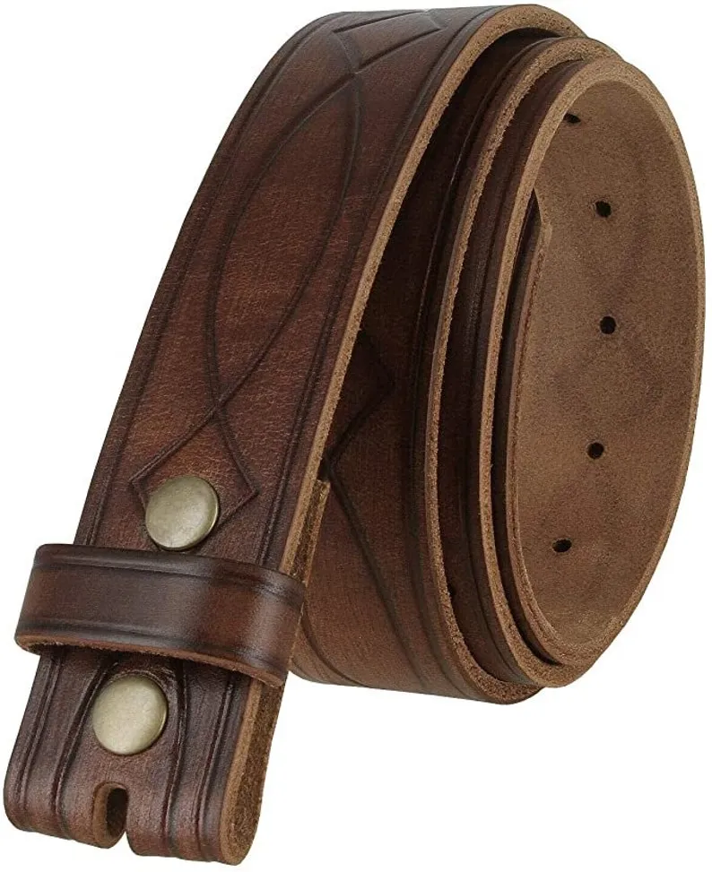 1.5'' Wide Brown Tooled Leather Snap Belt Strap