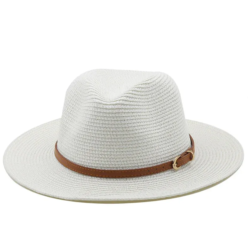 21 Colors Solid Color Straw Hat with Brown Belt Wide Brim Sun Protection Unisex Beach Hat Women Summer Outdoor Jazz Panama Cap