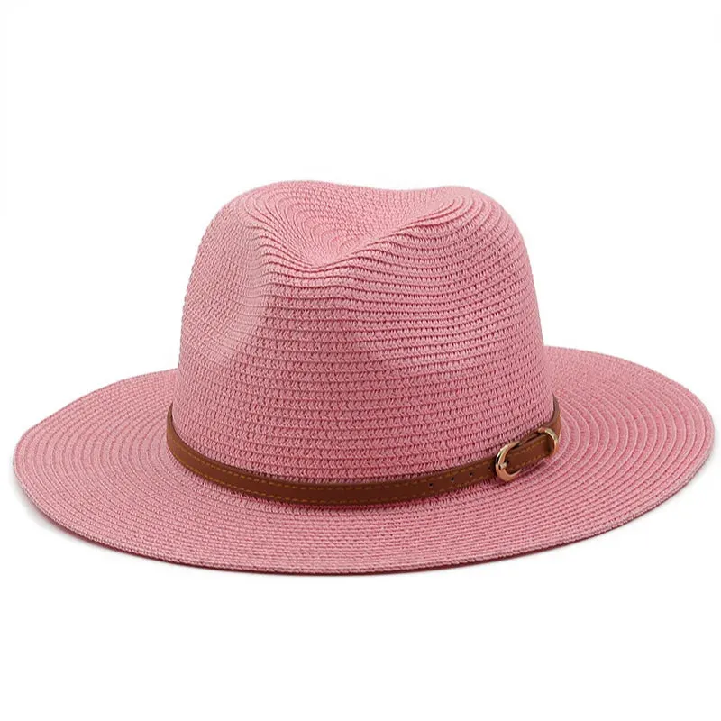 21 Colors Solid Color Straw Hat with Brown Belt Wide Brim Sun Protection Unisex Beach Hat Women Summer Outdoor Jazz Panama Cap