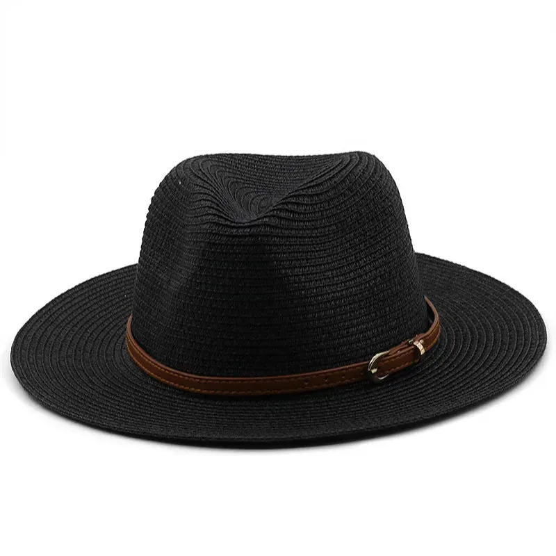 21 Colors Solid Color Straw Hat with Brown Belt Wide Brim Sun Protection Unisex Beach Hat Women Summer Outdoor Jazz Panama Cap