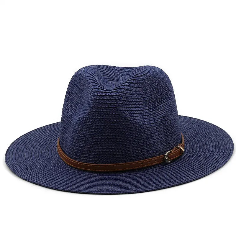 21 Colors Solid Color Straw Hat with Brown Belt Wide Brim Sun Protection Unisex Beach Hat Women Summer Outdoor Jazz Panama Cap