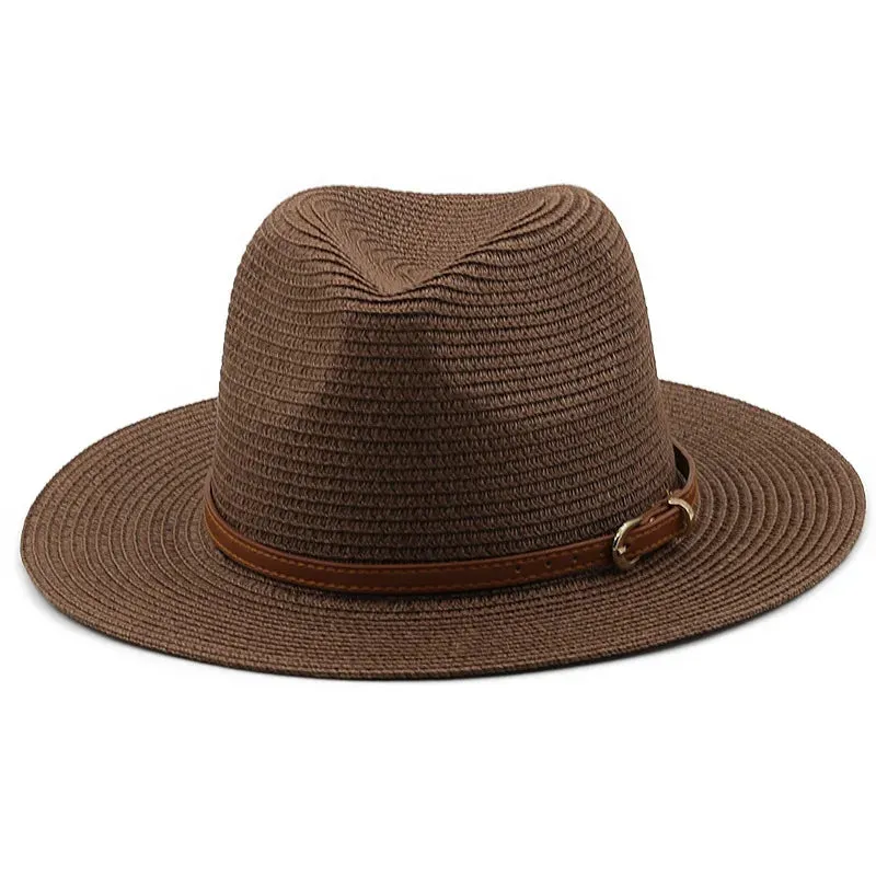 21 Colors Solid Color Straw Hat with Brown Belt Wide Brim Sun Protection Unisex Beach Hat Women Summer Outdoor Jazz Panama Cap