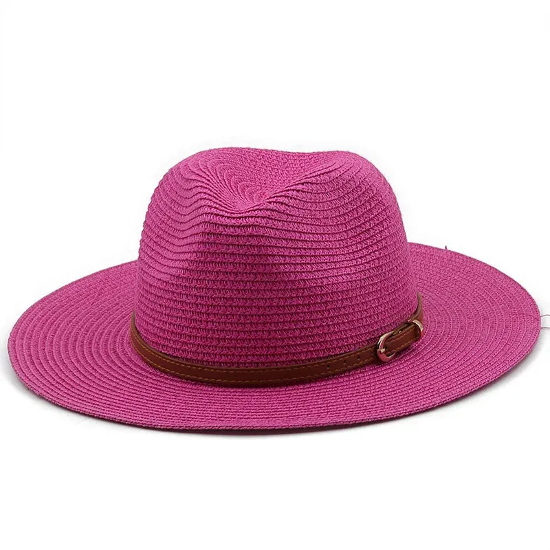 21 Colors Solid Color Straw Hat with Brown Belt Wide Brim Sun Protection Unisex Beach Hat Women Summer Outdoor Jazz Panama Cap