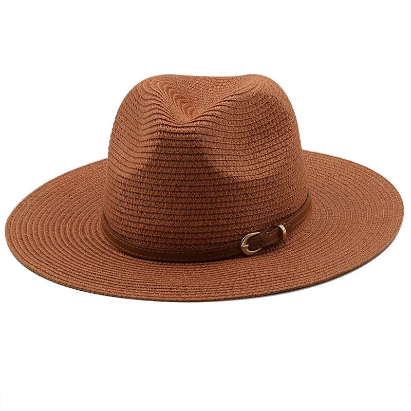 21 Colors Solid Color Straw Hat with Brown Belt Wide Brim Sun Protection Unisex Beach Hat Women Summer Outdoor Jazz Panama Cap