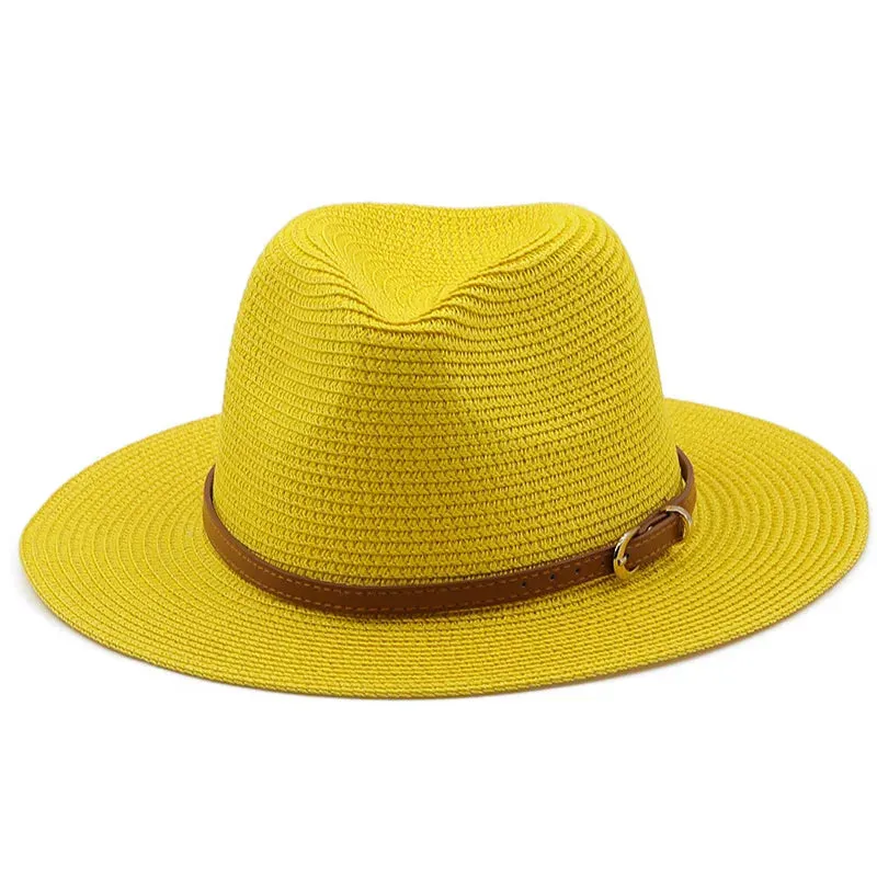 21 Colors Solid Color Straw Hat with Brown Belt Wide Brim Sun Protection Unisex Beach Hat Women Summer Outdoor Jazz Panama Cap