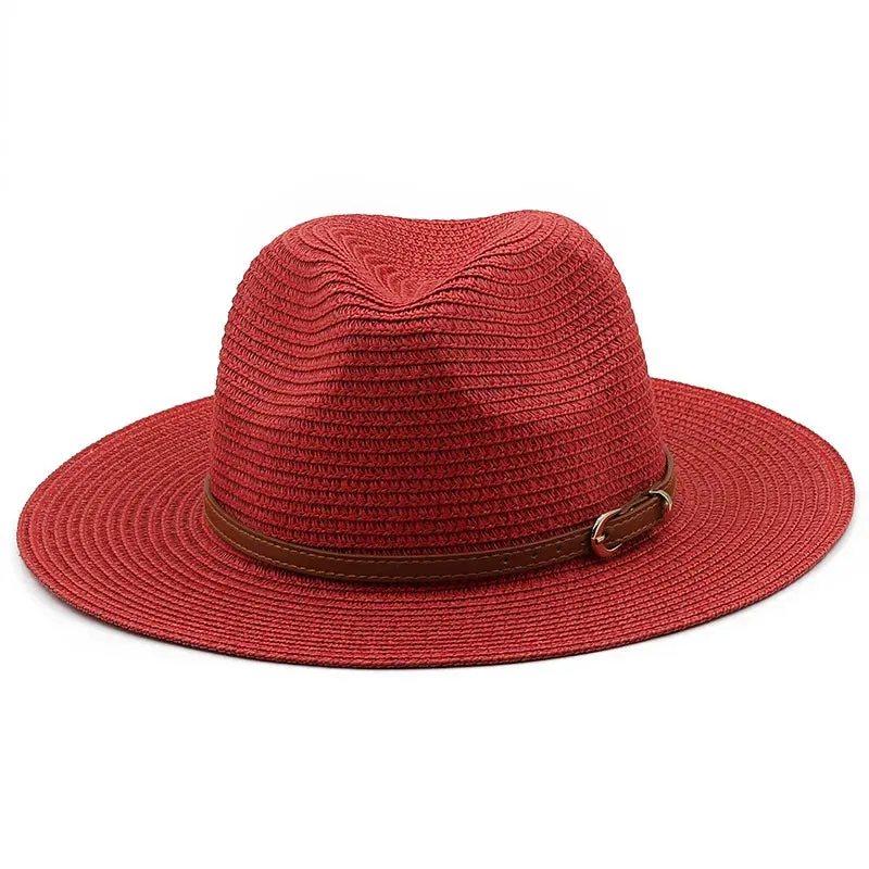 21 Colors Solid Color Straw Hat with Brown Belt Wide Brim Sun Protection Unisex Beach Hat Women Summer Outdoor Jazz Panama Cap