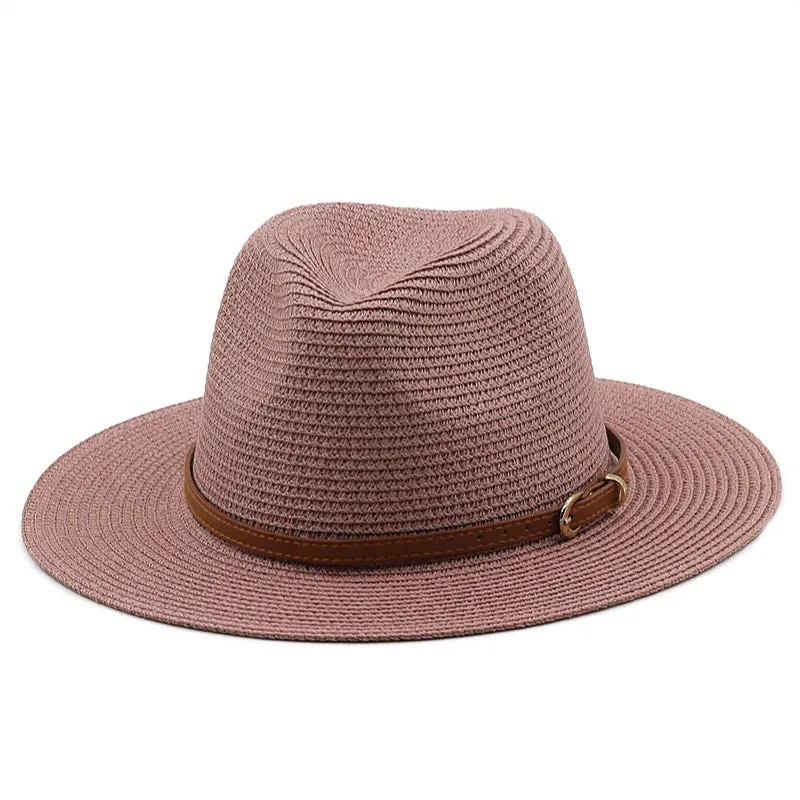 21 Colors Solid Color Straw Hat with Brown Belt Wide Brim Sun Protection Unisex Beach Hat Women Summer Outdoor Jazz Panama Cap