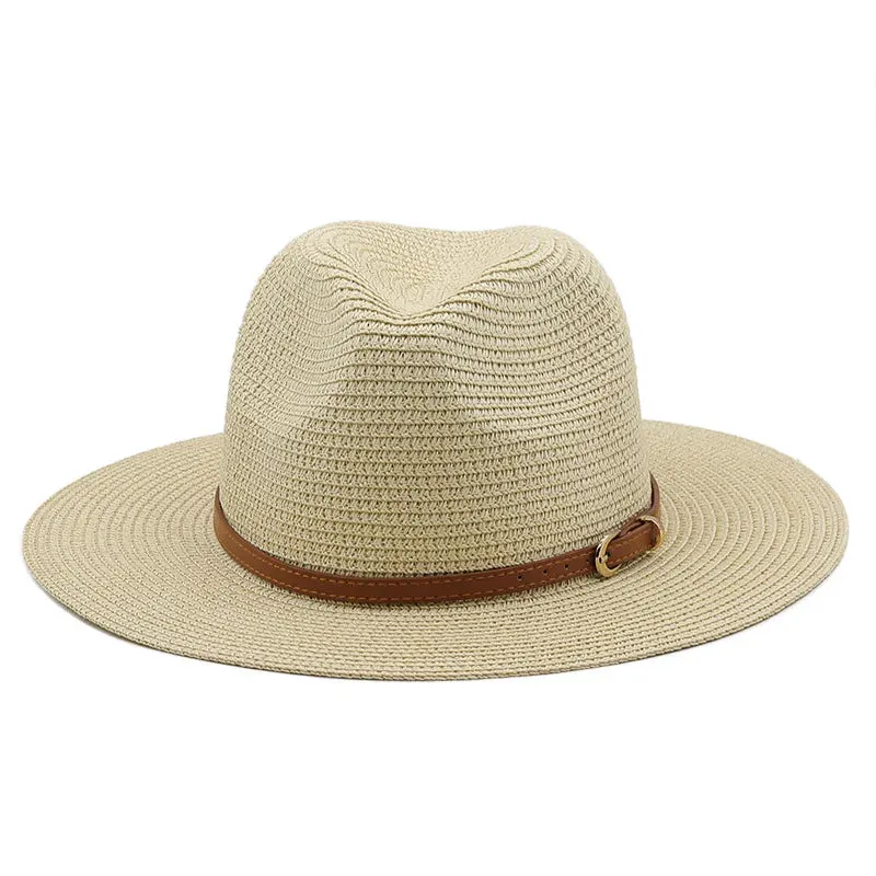 21 Colors Solid Color Straw Hat with Brown Belt Wide Brim Sun Protection Unisex Beach Hat Women Summer Outdoor Jazz Panama Cap