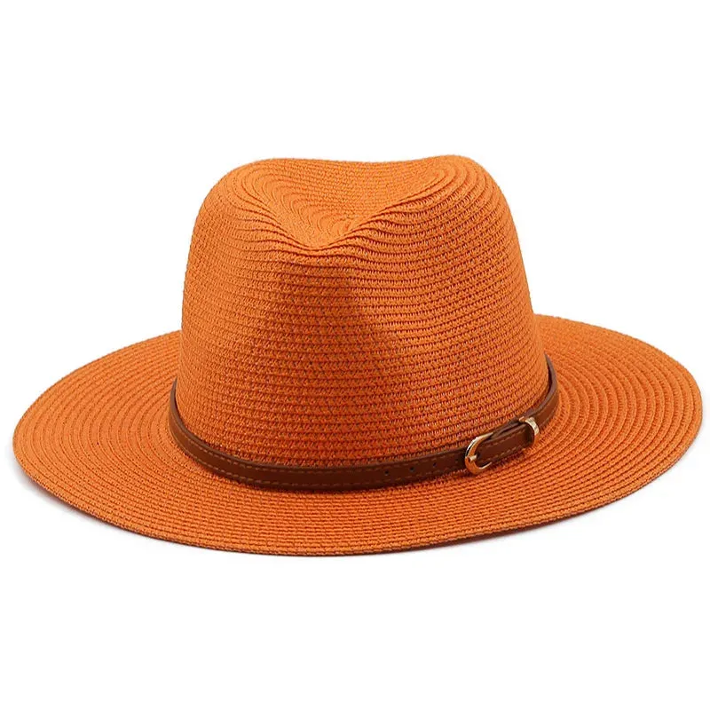 21 Colors Solid Color Straw Hat with Brown Belt Wide Brim Sun Protection Unisex Beach Hat Women Summer Outdoor Jazz Panama Cap