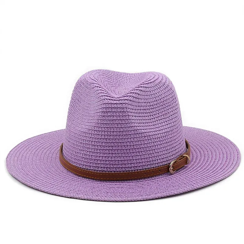 21 Colors Solid Color Straw Hat with Brown Belt Wide Brim Sun Protection Unisex Beach Hat Women Summer Outdoor Jazz Panama Cap