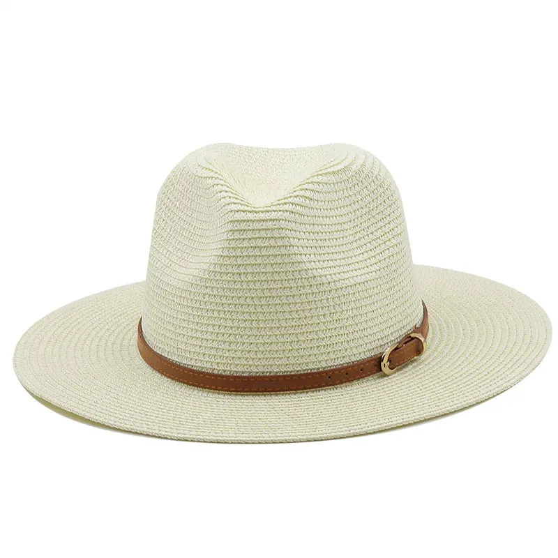 21 Colors Solid Color Straw Hat with Brown Belt Wide Brim Sun Protection Unisex Beach Hat Women Summer Outdoor Jazz Panama Cap