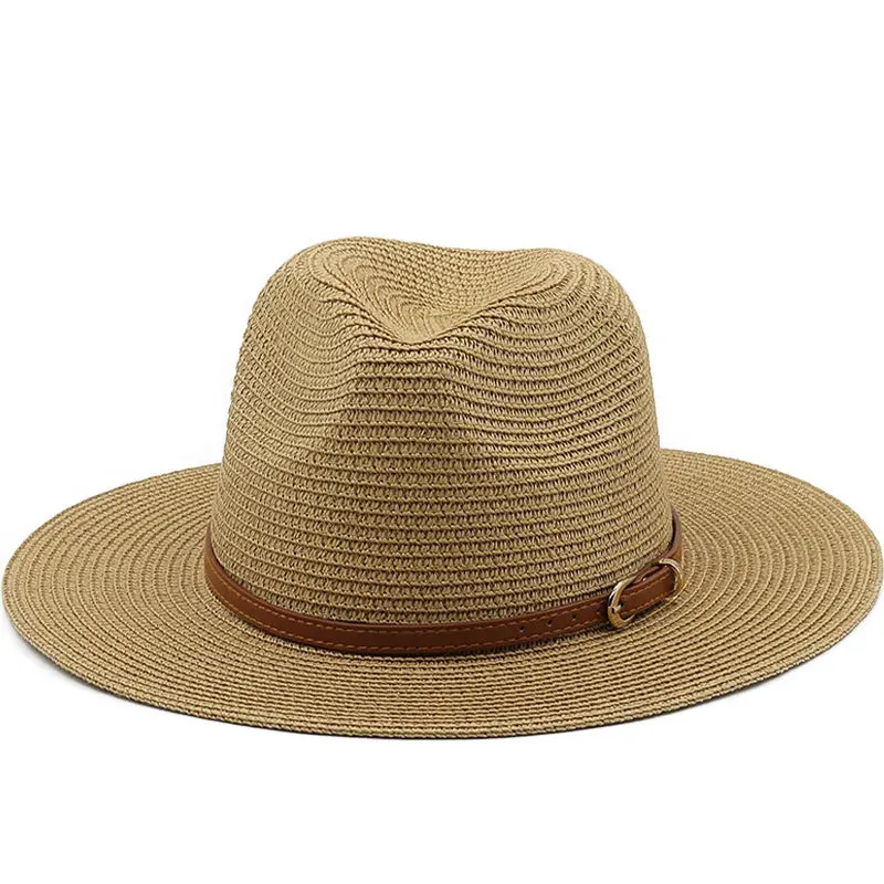 21 Colors Solid Color Straw Hat with Brown Belt Wide Brim Sun Protection Unisex Beach Hat Women Summer Outdoor Jazz Panama Cap