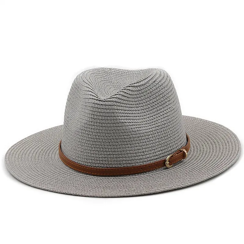 21 Colors Solid Color Straw Hat with Brown Belt Wide Brim Sun Protection Unisex Beach Hat Women Summer Outdoor Jazz Panama Cap