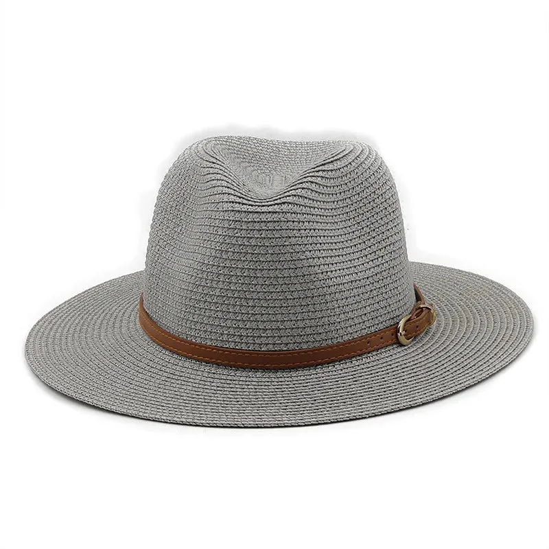 21 Colors Solid Color Straw Hat with Brown Belt Wide Brim Sun Protection Unisex Beach Hat Women Summer Outdoor Jazz Panama Cap