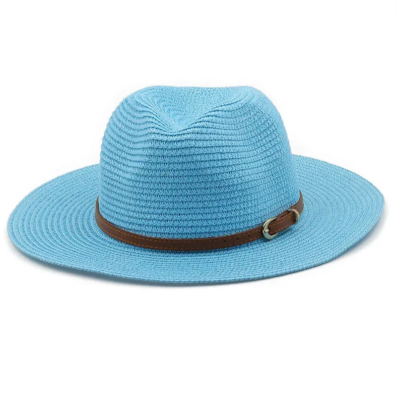 21 Colors Solid Color Straw Hat with Brown Belt Wide Brim Sun Protection Unisex Beach Hat Women Summer Outdoor Jazz Panama Cap