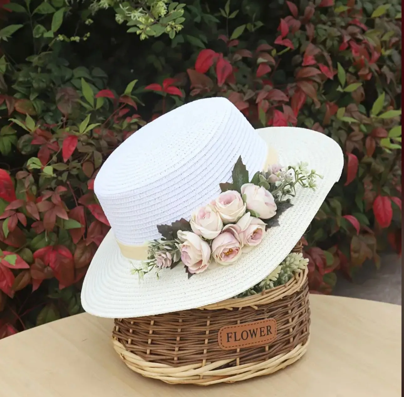 Andrea’s Deals Handcrafted Sun Hat Color Blocked Rose Flower White & Lemon