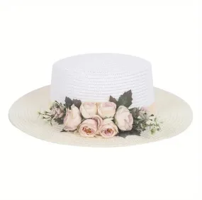 Andrea’s Deals Handcrafted Sun Hat Color Blocked Rose Flower White & Lemon