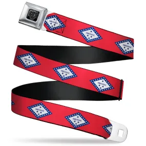 BD Wings Logo CLOSE-UP Black/Silver Seatbelt Belt - Arkansas Flag Red/Blue/White Webbing