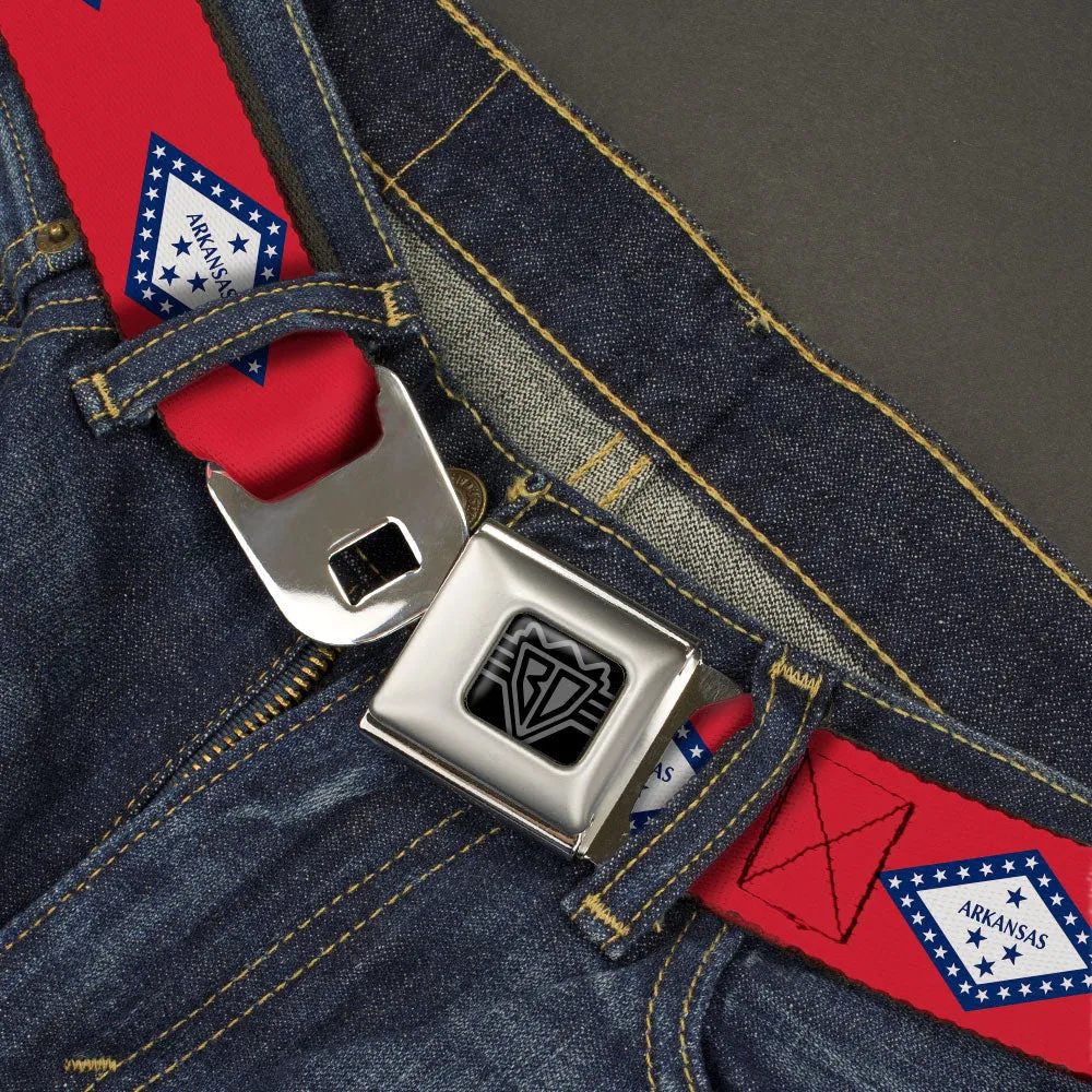 BD Wings Logo CLOSE-UP Black/Silver Seatbelt Belt - Arkansas Flag Red/Blue/White Webbing