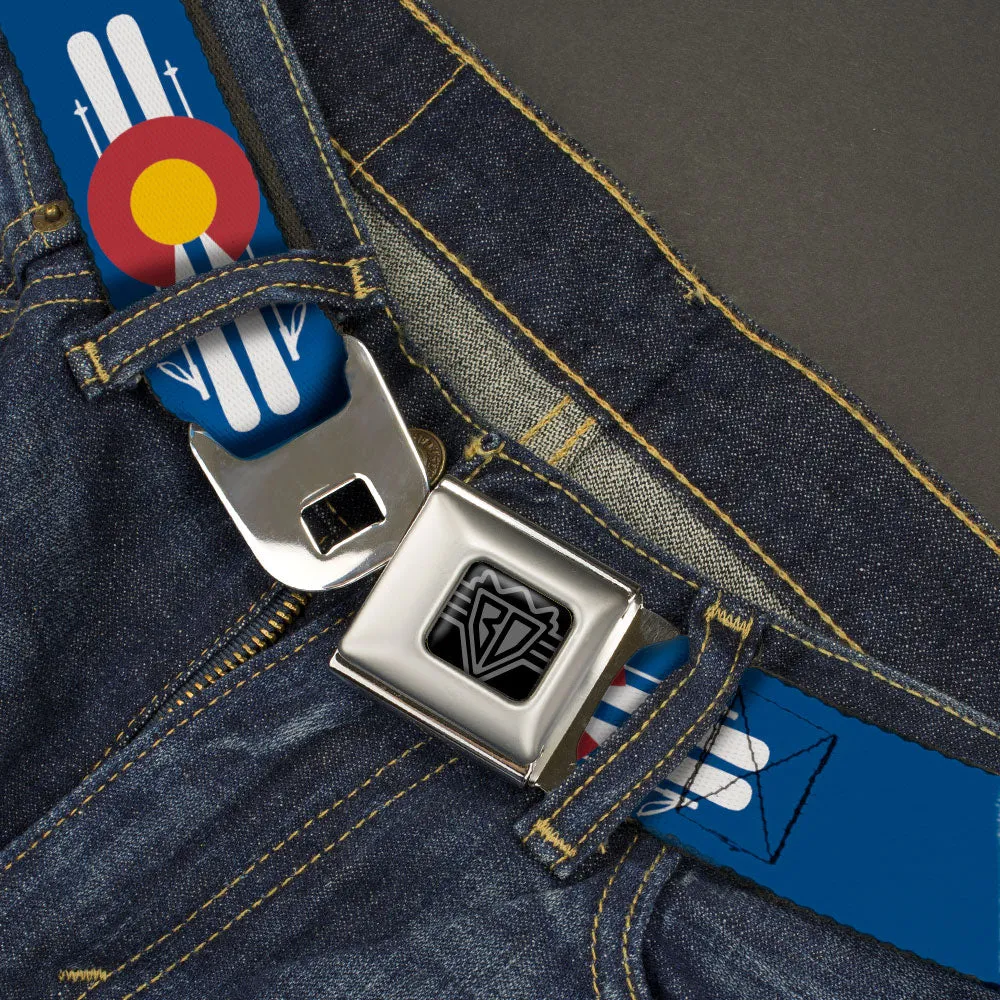 BD Wings Logo CLOSE-UP Black/Silver Seatbelt Belt - Colorado Logo/Skis Blue/White/Red/Yellow Webbing