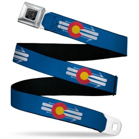 BD Wings Logo CLOSE-UP Black/Silver Seatbelt Belt - Colorado Logo/Skis Blue/White/Red/Yellow Webbing