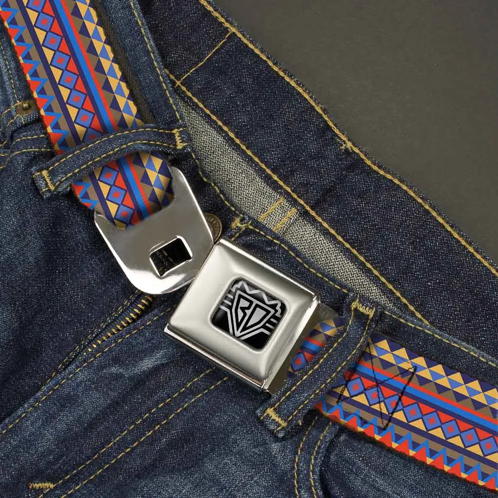 BD Wings Logo CLOSE-UP Full Color Black Silver Seatbelt Belt - Aztec15 Blues/Yellow/Orange/Gray Webbing