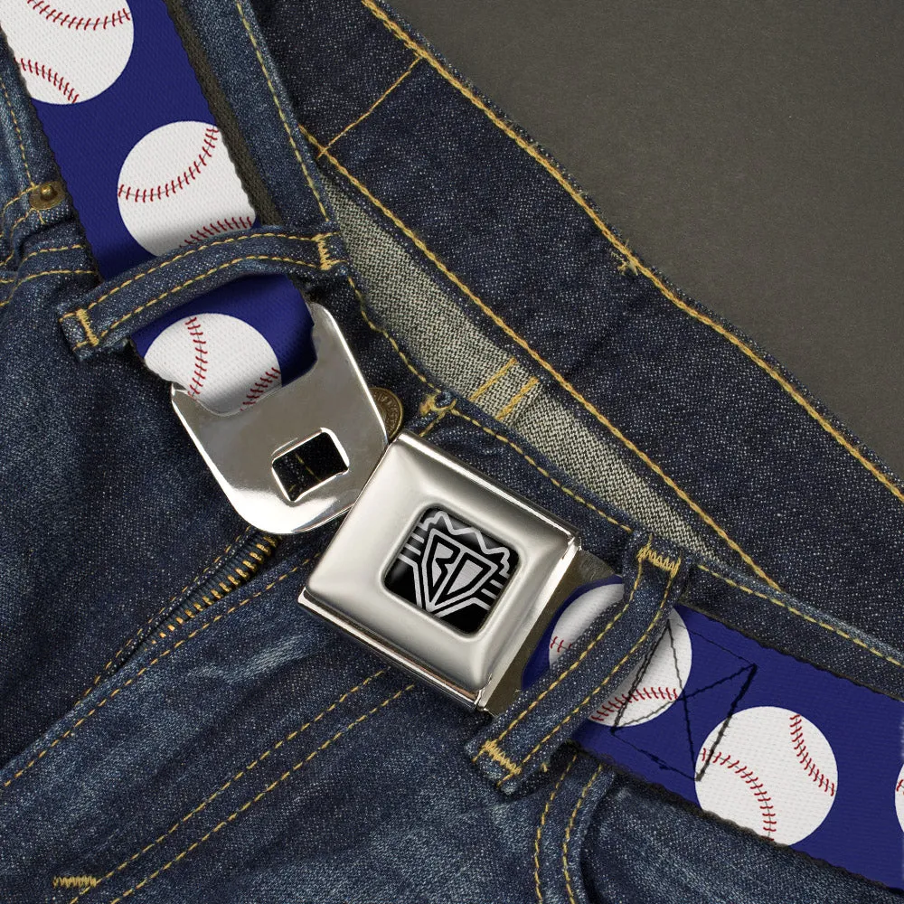 BD Wings Logo CLOSE-UP Full Color Black Silver Seatbelt Belt - Baseballs Scattered Blue Webbing