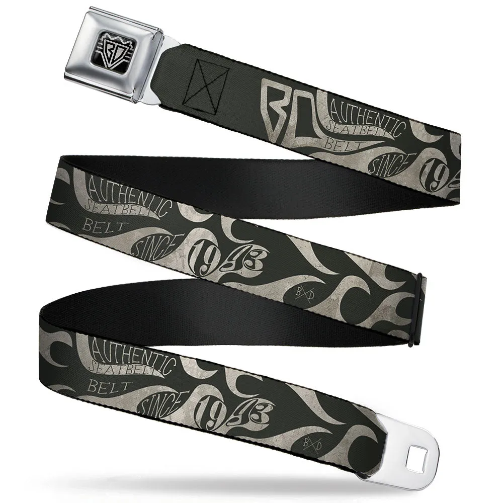 BD Wings Logo CLOSE-UP Full Color Black Silver Seatbelt Belt - BD AUTHENTIC SEATBELT BELT SINCE 1993 Flames Olive/Tan Webbing