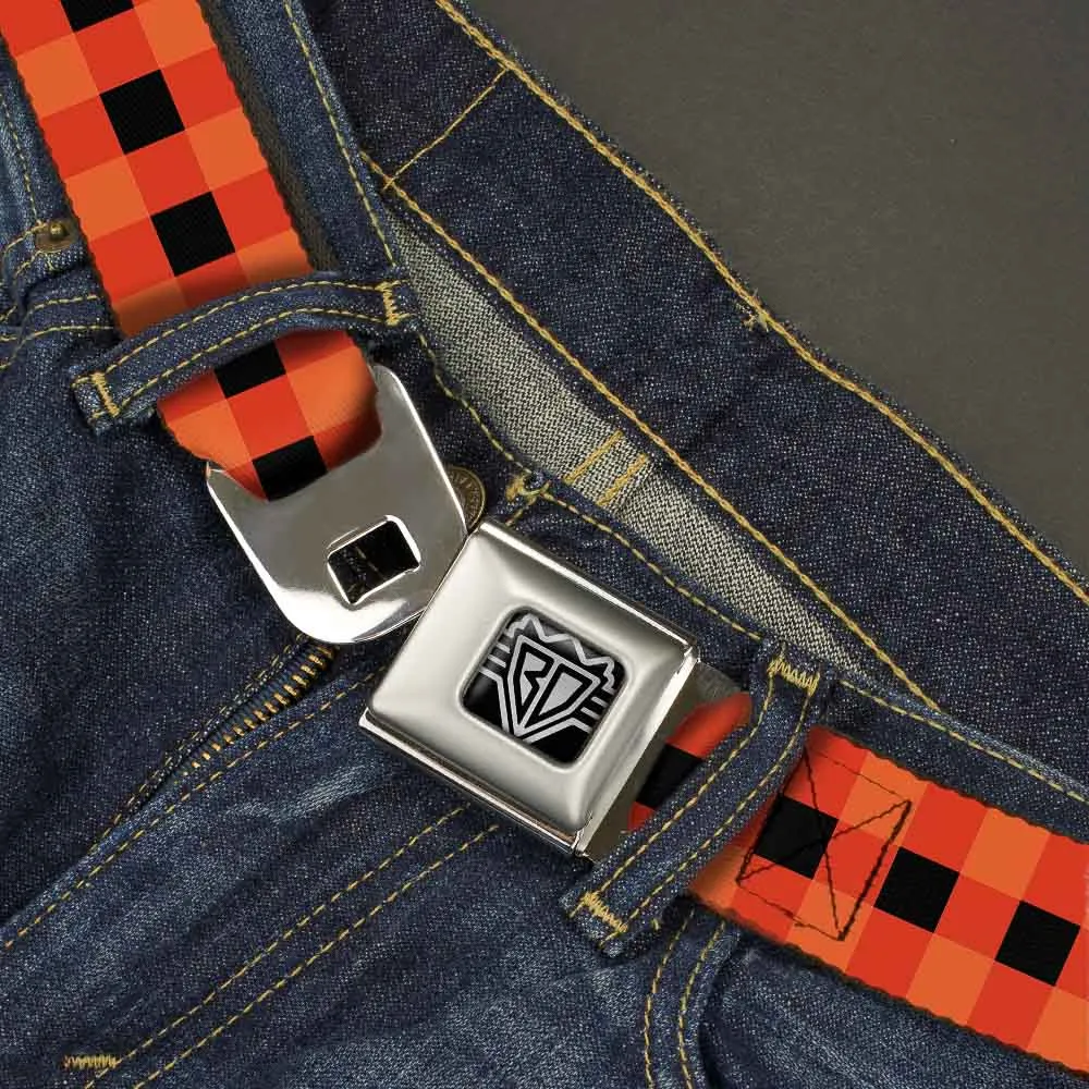 BD Wings Logo CLOSE-UP Full Color Black Silver Seatbelt Belt - Buffalo Plaid Black/Orange Webbing