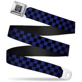 BD Wings Logo CLOSE-UP Full Color Black Silver Seatbelt Belt - Checker Black/Blue Webbing