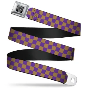 BD Wings Logo CLOSE-UP Full Color Black Silver Seatbelt Belt - Checker Purple/Gold Webbing