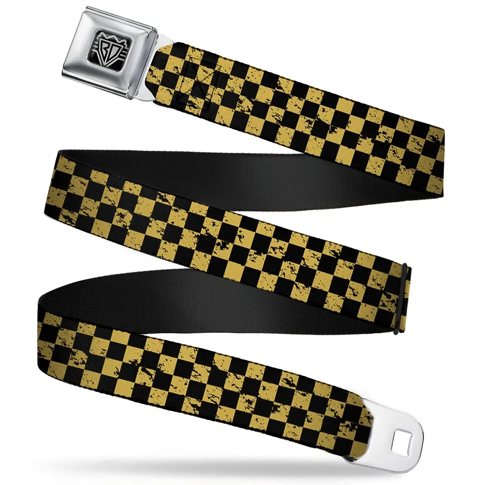 BD Wings Logo CLOSE-UP Full Color Black Silver Seatbelt Belt - Checker Weathered Black/Yellow Webbing