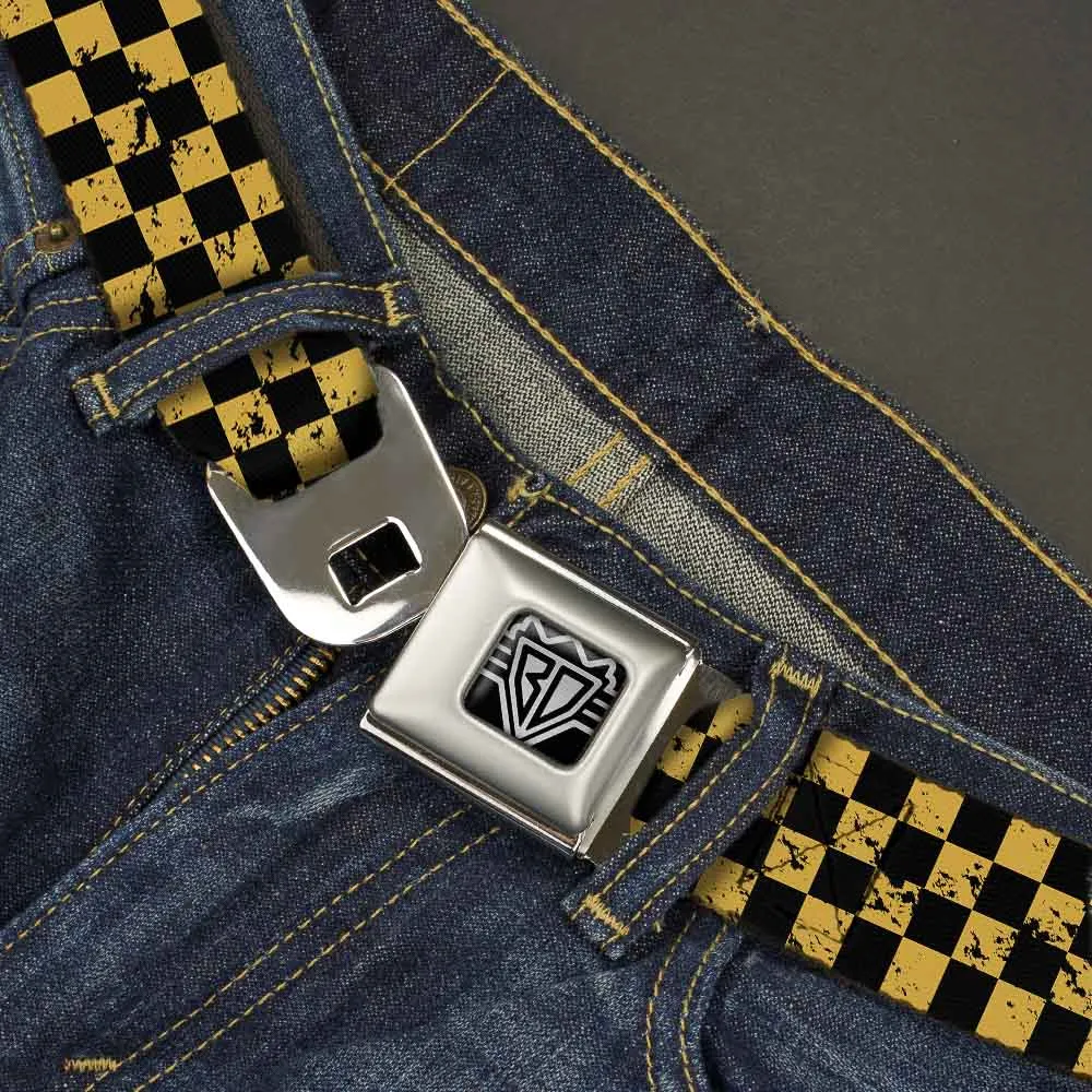 BD Wings Logo CLOSE-UP Full Color Black Silver Seatbelt Belt - Checker Weathered Black/Yellow Webbing