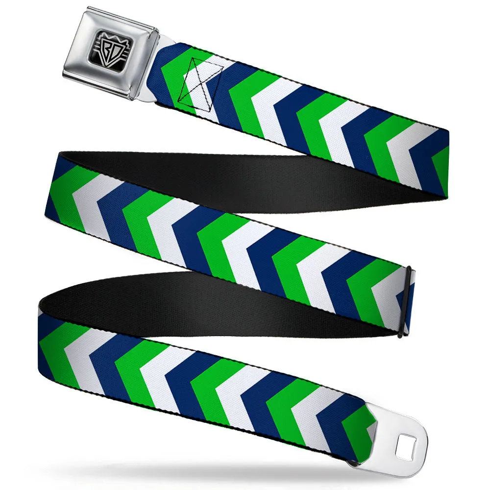 BD Wings Logo CLOSE-UP Full Color Black Silver Seatbelt Belt - Chevron White/Bright Green/Navy Webbing