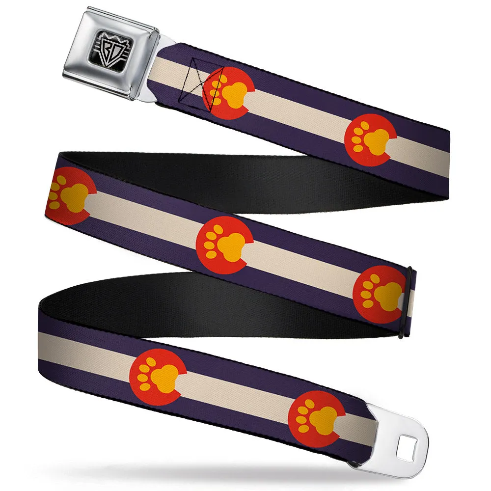 BD Wings Logo CLOSE-UP Full Color Black Silver Seatbelt Belt - Colorado Flag/Paw Print Webbing