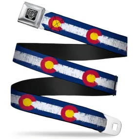 BD Wings Logo CLOSE-UP Full Color Black Silver Seatbelt Belt - Colorado Flags2 Repeat Weathered Webbing