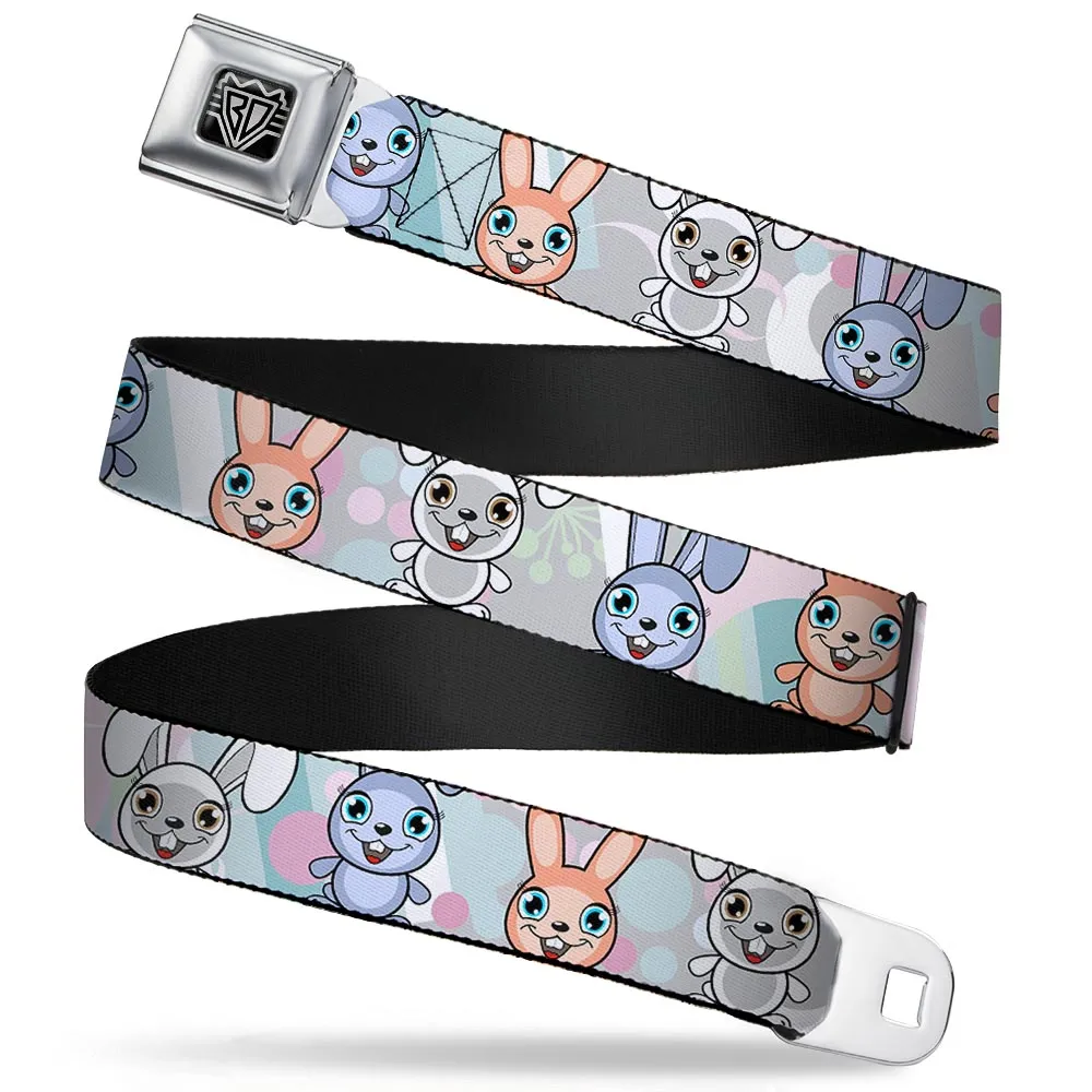 BD Wings Logo CLOSE-UP Full Color Black Silver Seatbelt Belt - Cute Bunnies Multi Pastel Webbing