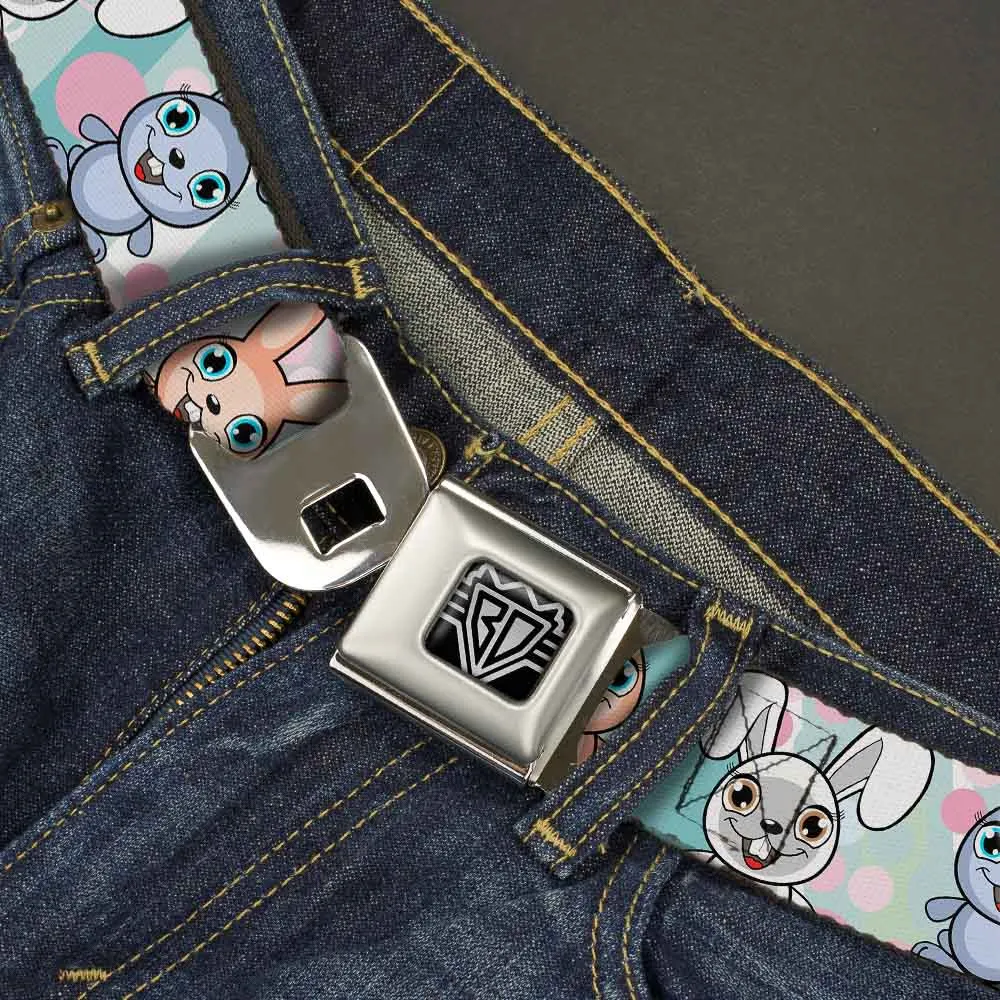 BD Wings Logo CLOSE-UP Full Color Black Silver Seatbelt Belt - Cute Bunnies Multi Pastel Webbing