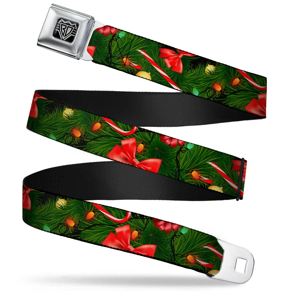 BD Wings Logo CLOSE-UP Full Color Black Silver Seatbelt Belt - Decorated Tree2 w/Bows/Lights/Candy Canes Webbing