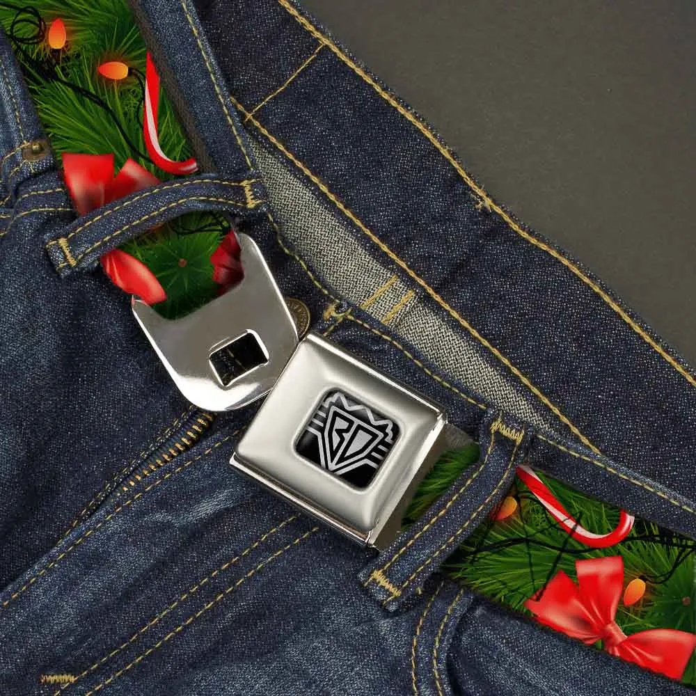 BD Wings Logo CLOSE-UP Full Color Black Silver Seatbelt Belt - Decorated Tree2 w/Bows/Lights/Candy Canes Webbing