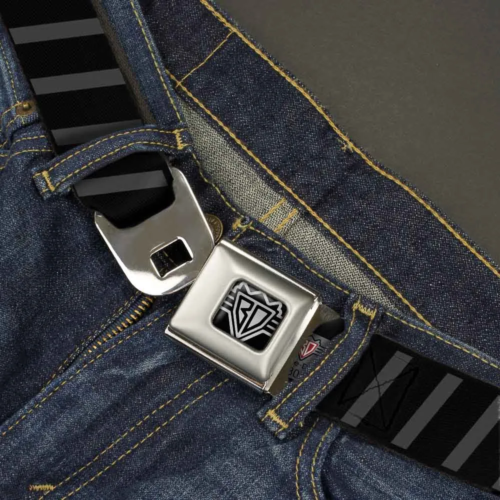 BD Wings Logo CLOSE-UP Full Color Black Silver Seatbelt Belt - Diagonal Stripes Black/Gray Webbing