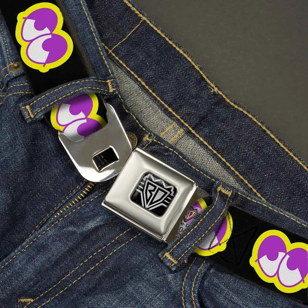 BD Wings Logo CLOSE-UP Full Color Black Silver Seatbelt Belt - Dopey Eyes Black/Yellow/Purple Webbing