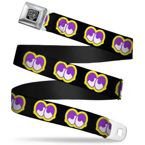 BD Wings Logo CLOSE-UP Full Color Black Silver Seatbelt Belt - Dopey Eyes Black/Yellow/Purple Webbing