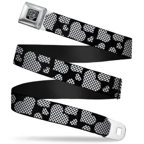 BD Wings Logo CLOSE-UP Full Color Black Silver Seatbelt Belt - Eighties Hearts Black/White Webbing