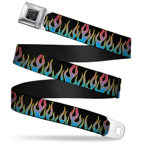 BD Wings Logo CLOSE-UP Full Color Black Silver Seatbelt Belt - Flames Black/Blue/Pink Webbing