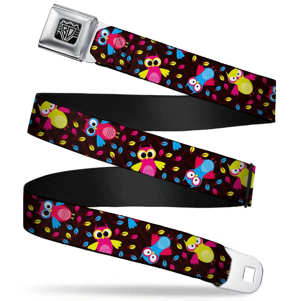 BD Wings Logo CLOSE-UP Full Color Black Silver Seatbelt Belt - Flying Owls w/Leaves Black/Multi Color Webbing