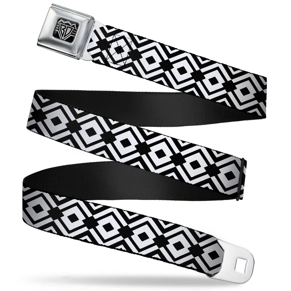 BD Wings Logo CLOSE-UP Full Color Black Silver Seatbelt Belt - Geometric Diamond2 Black/White/Black Webbing