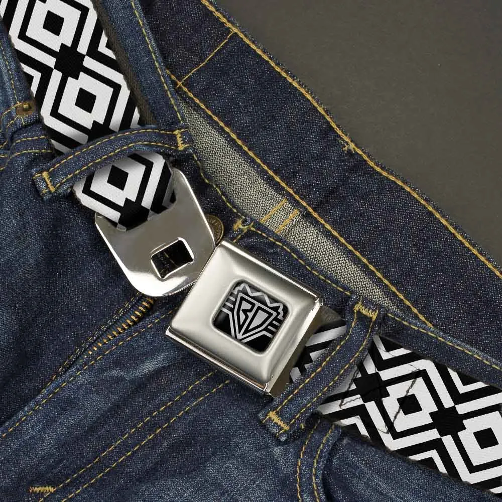 BD Wings Logo CLOSE-UP Full Color Black Silver Seatbelt Belt - Geometric Diamond2 Black/White/Black Webbing