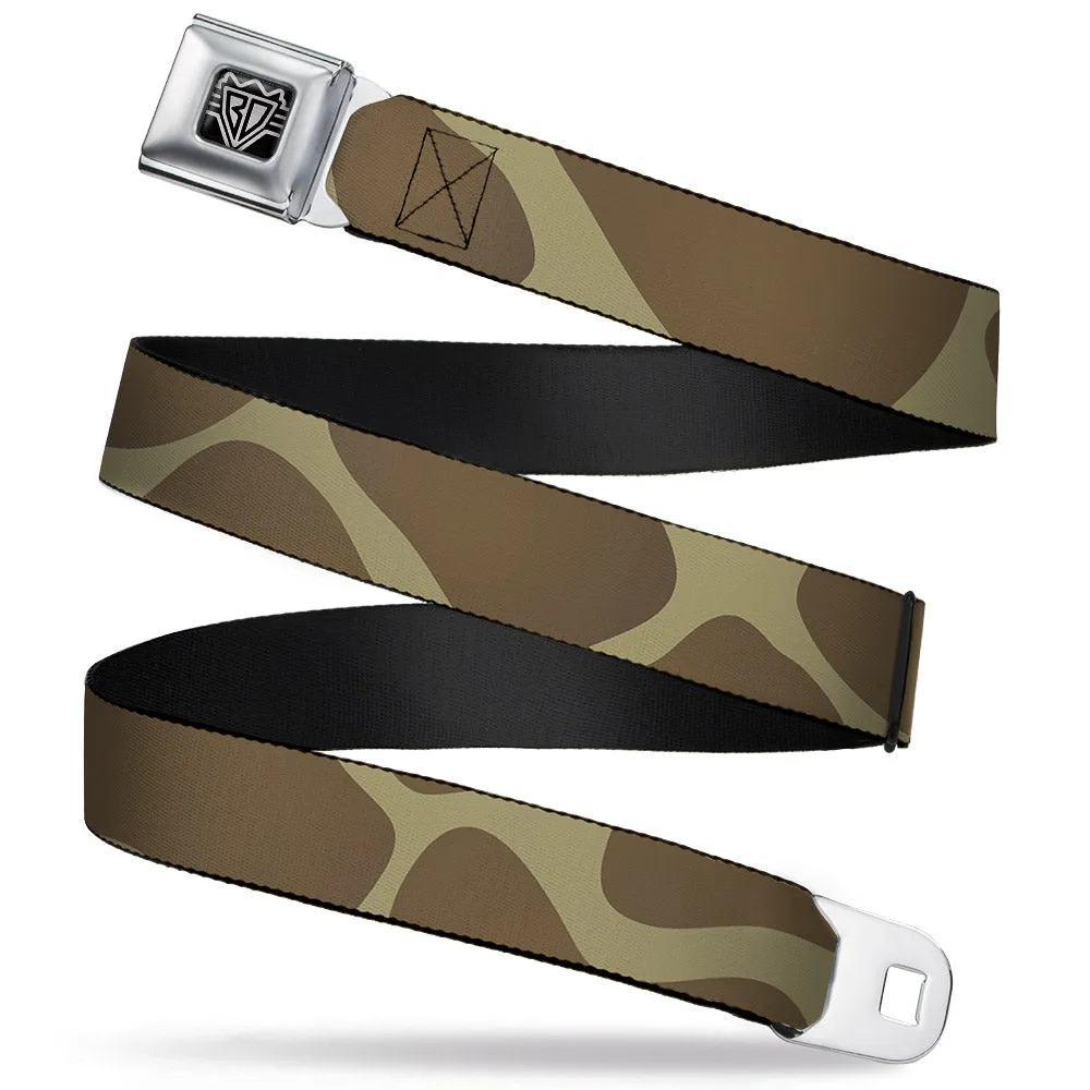 BD Wings Logo CLOSE-UP Full Color Black Silver Seatbelt Belt - Giraffe Spots Tan/Brown Webbing