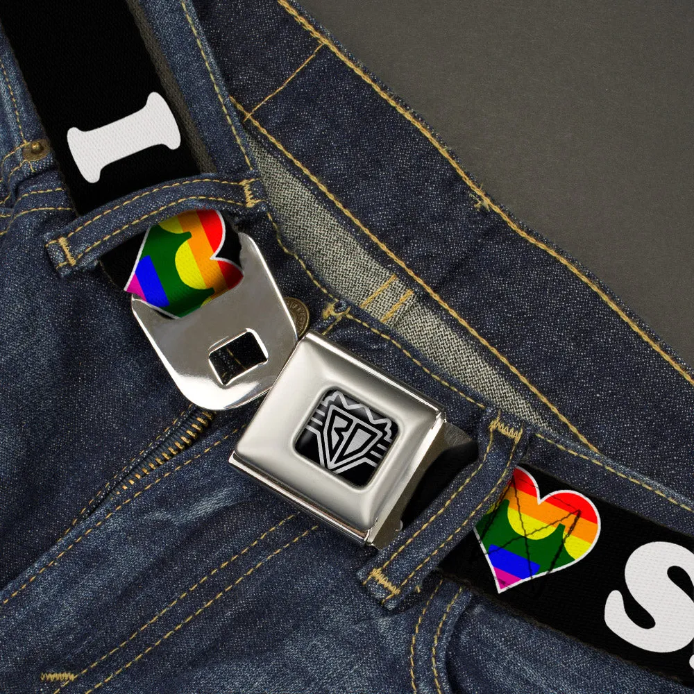 BD Wings Logo CLOSE-UP Full Color Black Silver Seatbelt Belt - I "HEART BRIDGE" SF Black/White/Rainbow Webbing